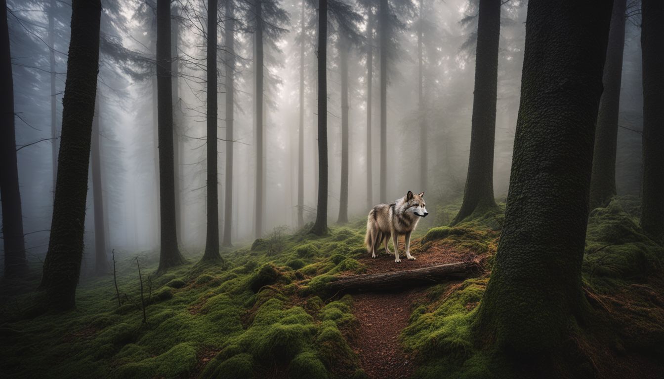 A lone wolf stands in a mystical forest surrounded by fog.