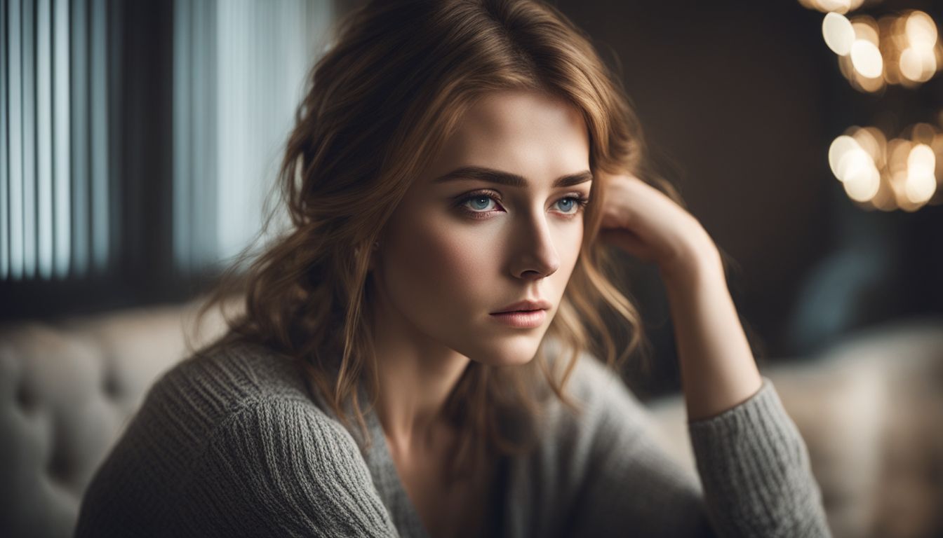 A person with a troubled expression sitting alone in a dimly lit room.