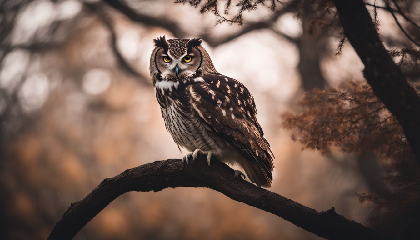 A photo of an owl perched on a spooky tree branch.