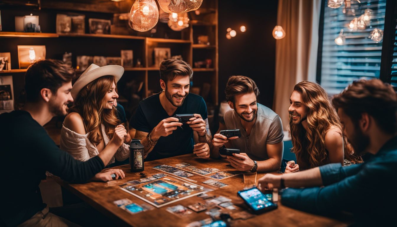 A group of friends playing Dream Phone at a retro game night.