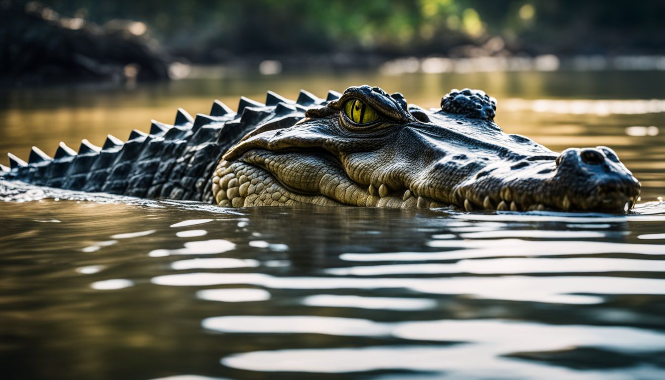 A photo of a crocodile in murky water taken with a DSLR.