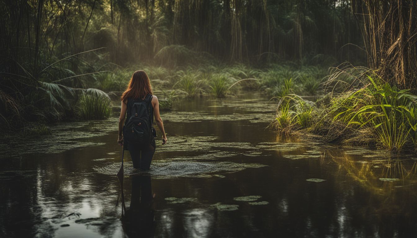 A person navigating a dangerous swamp filled with hidden crocodiles.