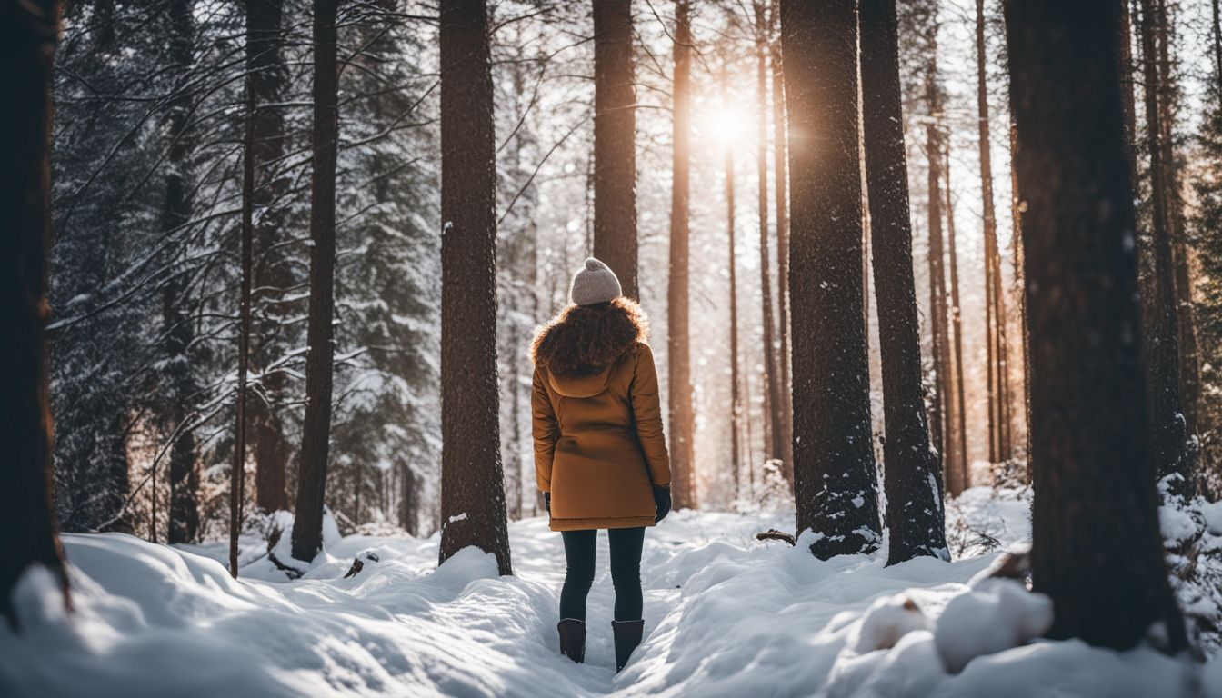 A person standing in a snow-covered forest surrounded by peace and serenity.