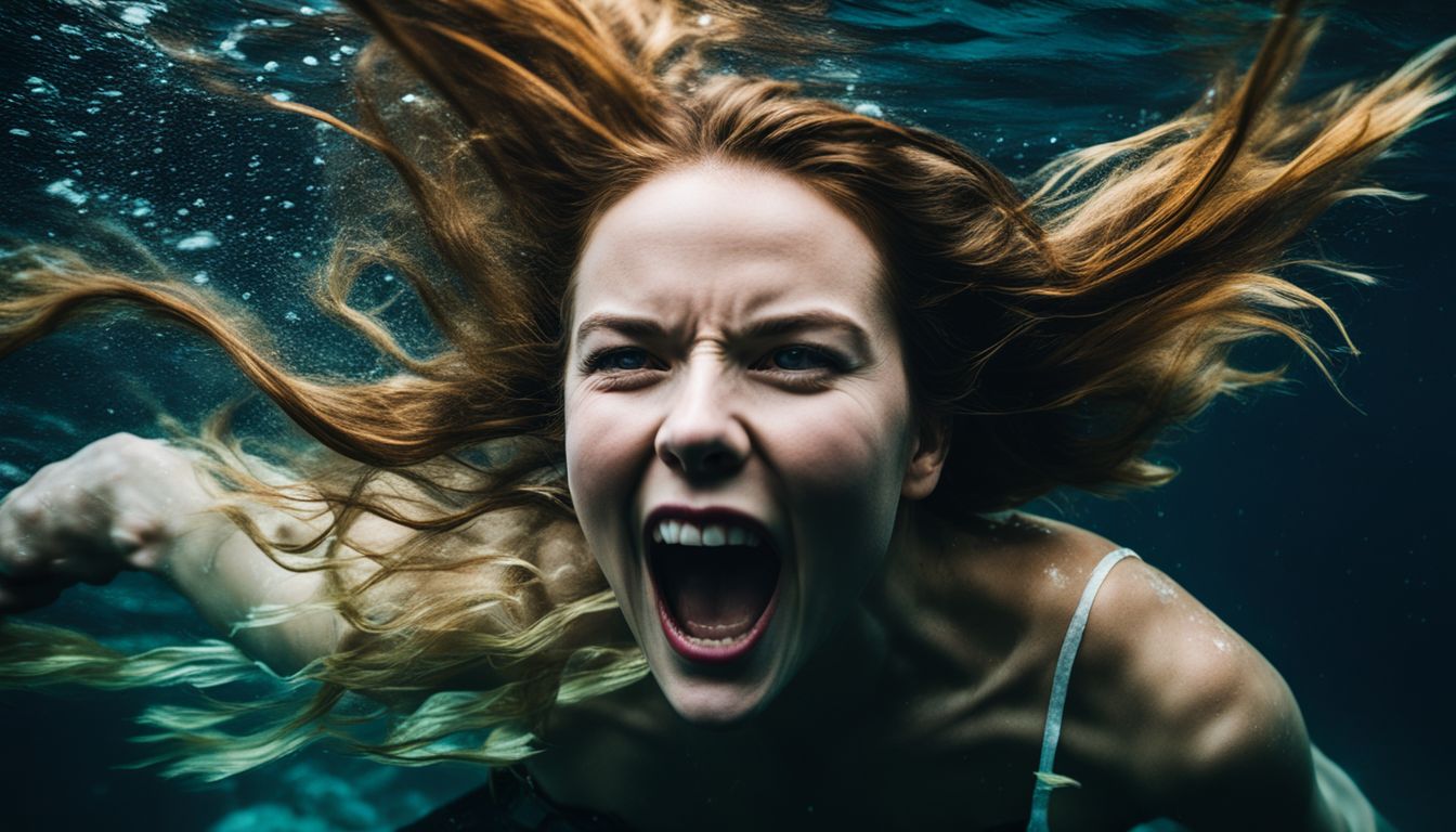 A person struggles underwater, trying to scream for help in darkness.