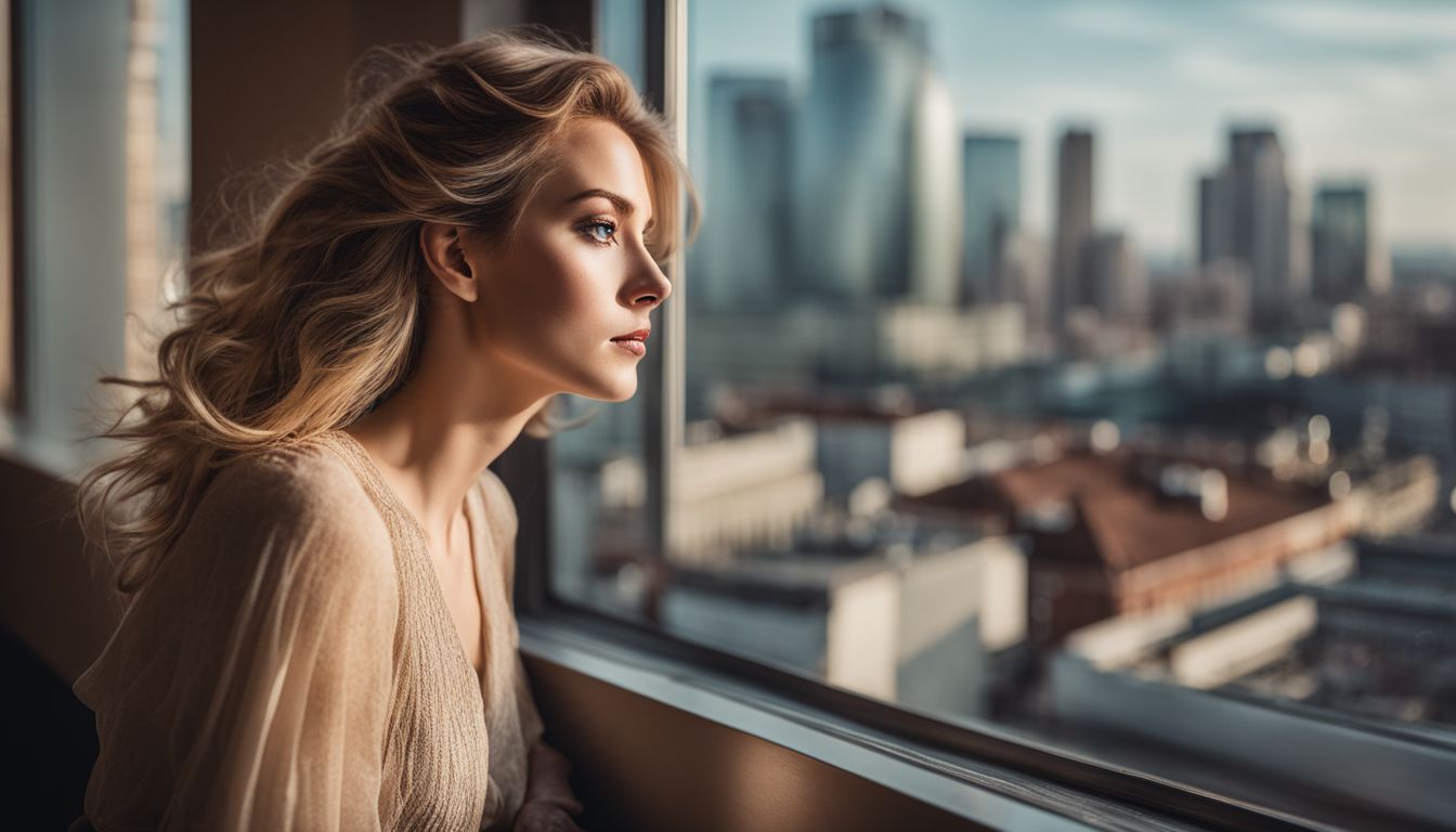 A woman in various poses by a window, cityscape in background.