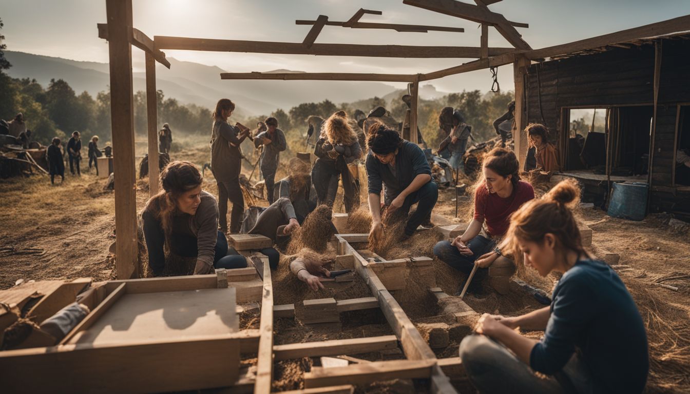 A diverse group of people working together to build their own homes.