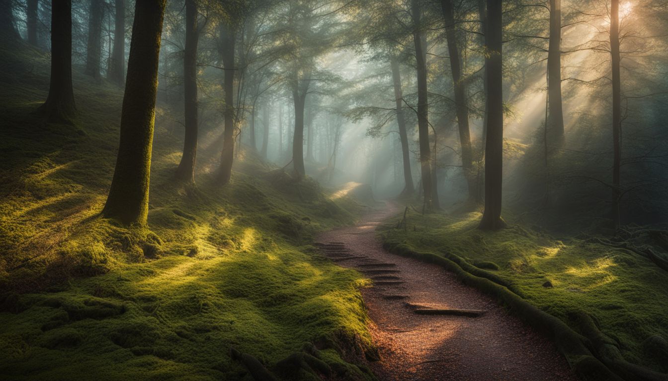 A tranquil forest with a misty path leading to a glowing light.