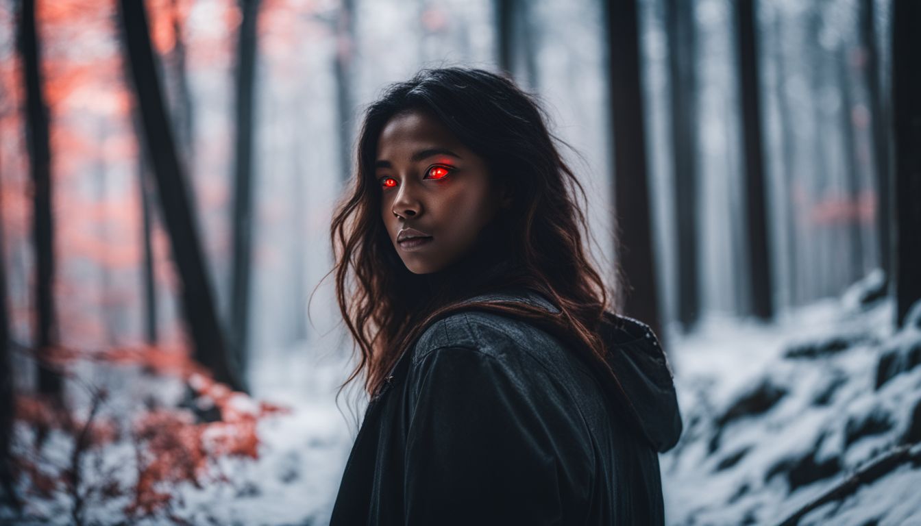 A person stands alone in a dark, eerie forest with glowing red eyes.
