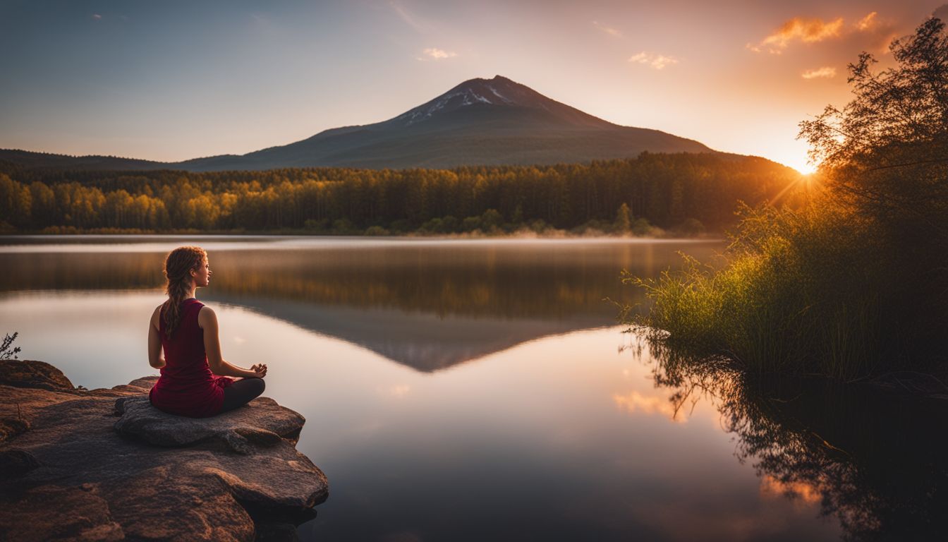 A figure meditating by a mystical lake at sunset.