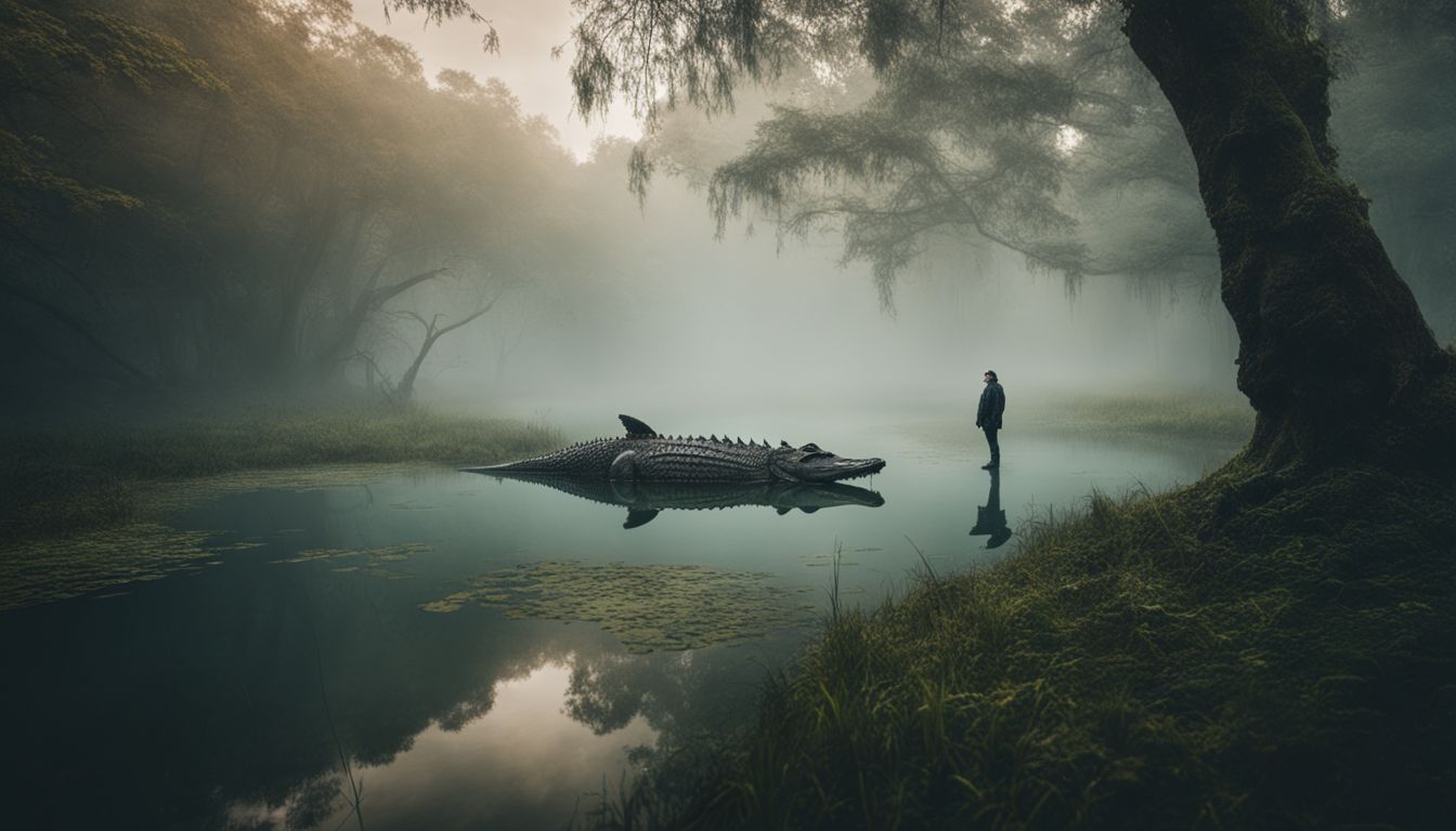 A person stands in front of a misty swamp with a lurking crocodile.