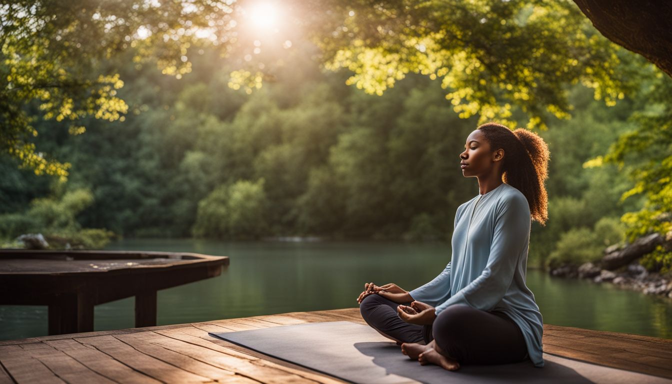 A person meditating in nature with various outfits and hairstyles.