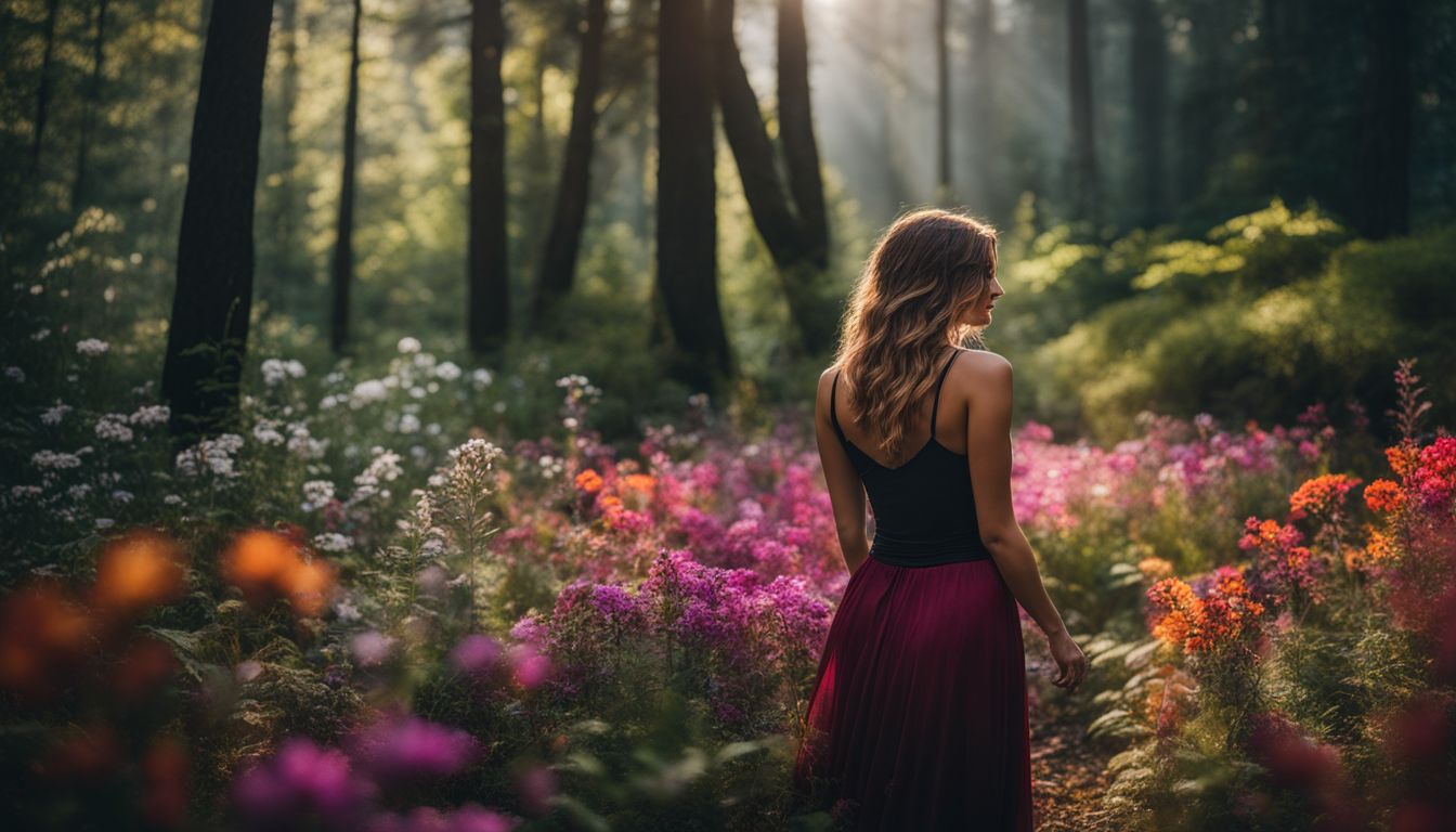 A woman standing in a vibrant forest clearing surrounded by flowers.