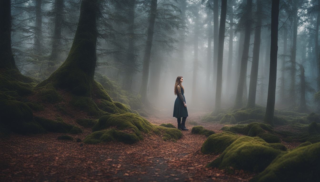 A person standing in a misty forest surrounded by dream imagery.