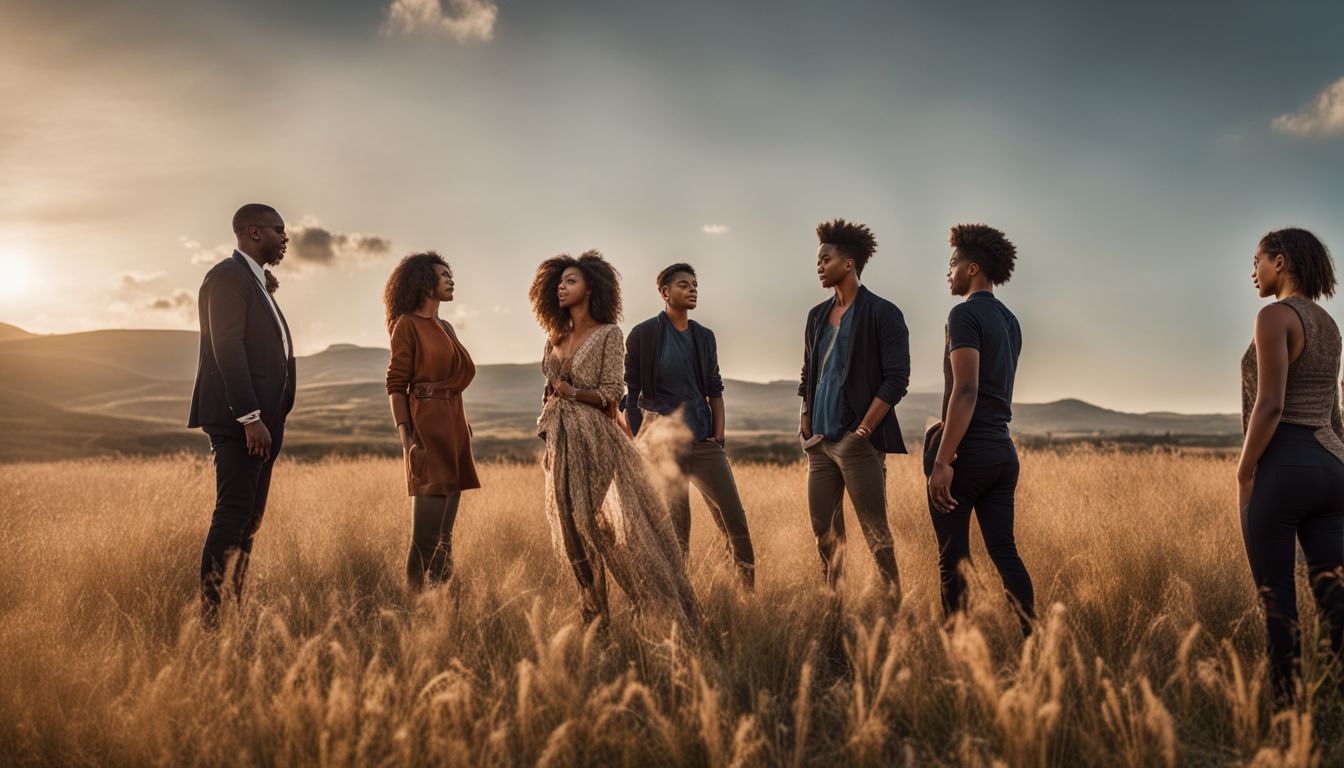 A diverse group standing in front of a spacious and welcoming landscape.