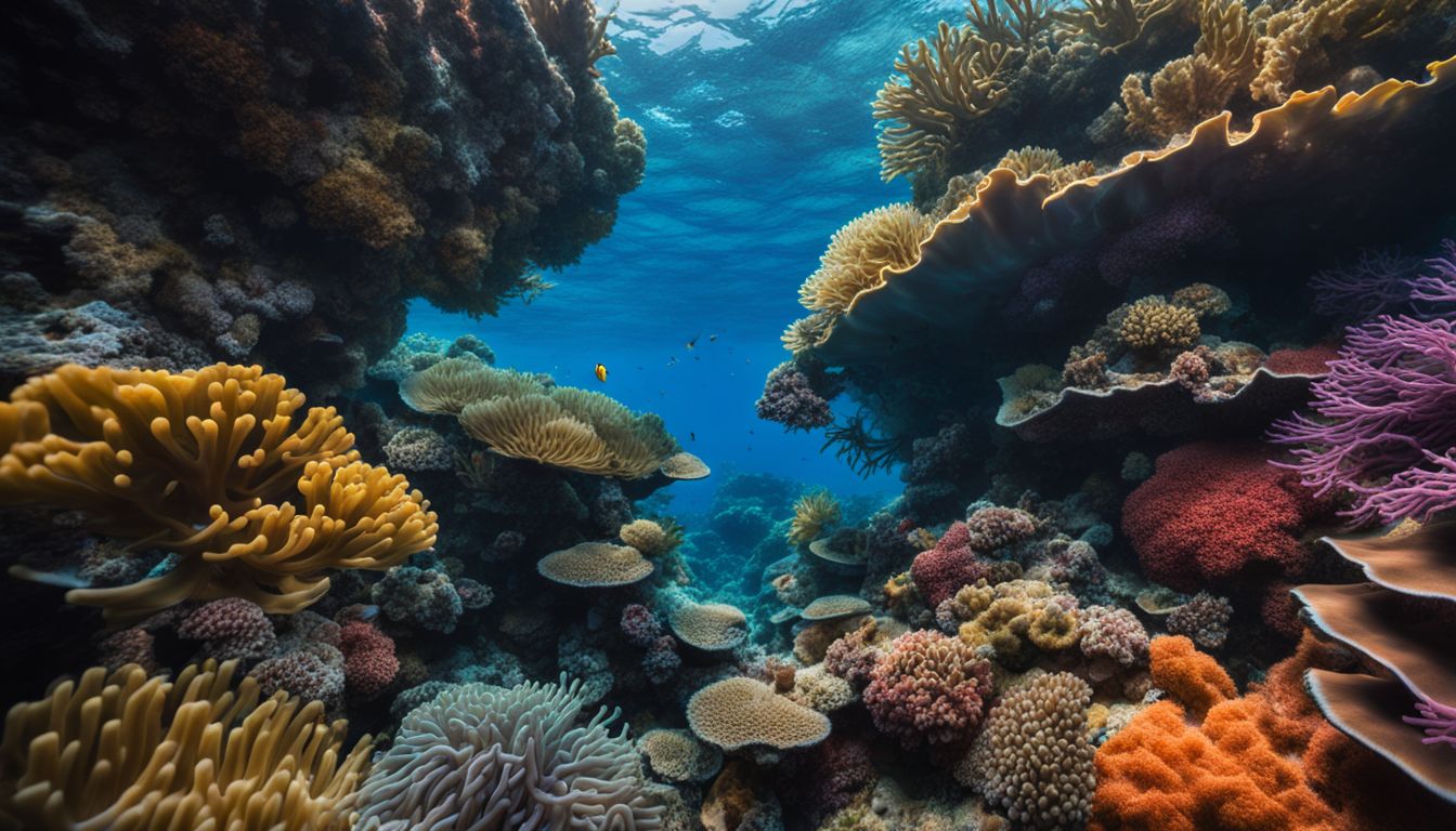 A vibrant underwater coral reef with diverse wildlife and bustling atmosphere.