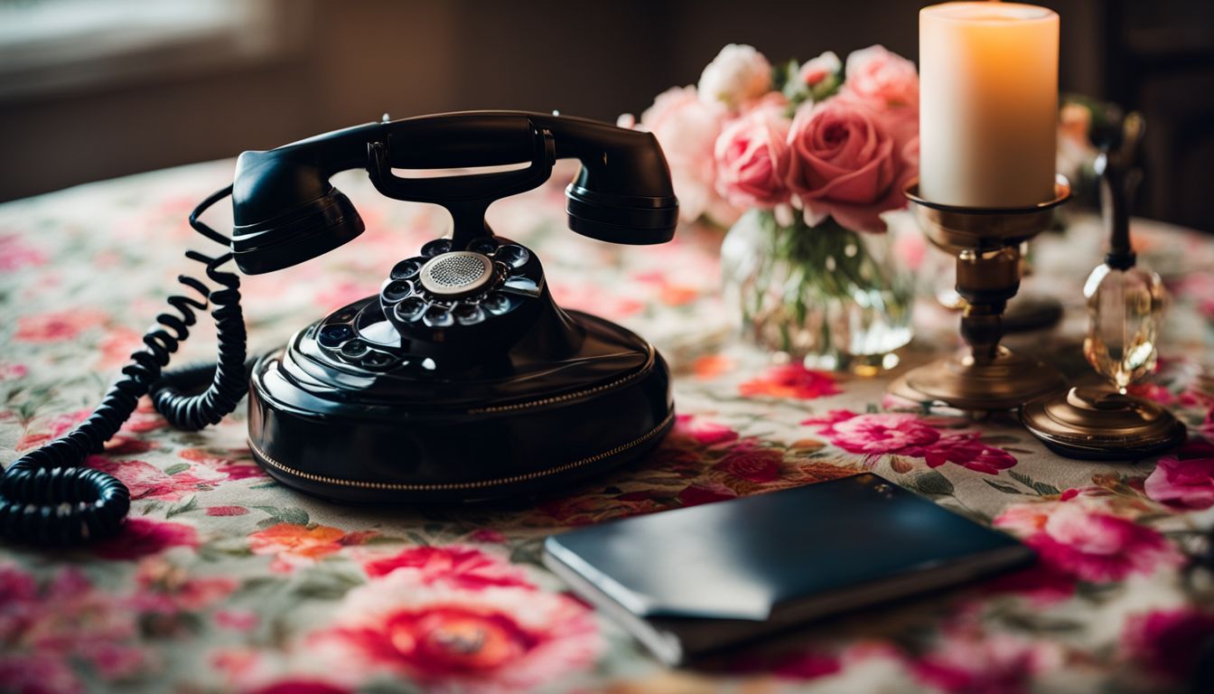 A vintage corded telephone on a floral table in a still life photo.