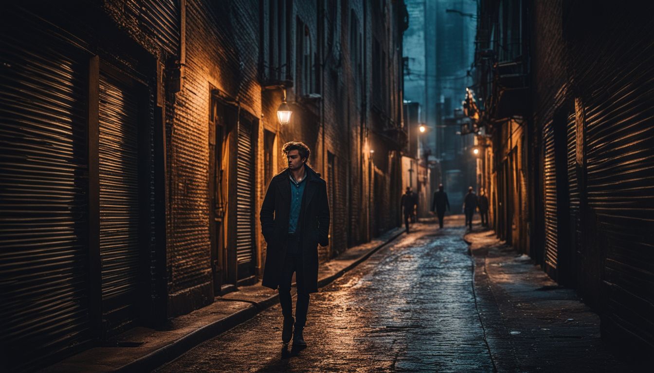 A person standing in a dark alley looking distressed in the city.