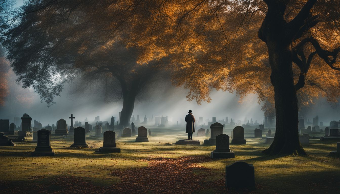 A figure stands alone in a misty graveyard among tombstones.