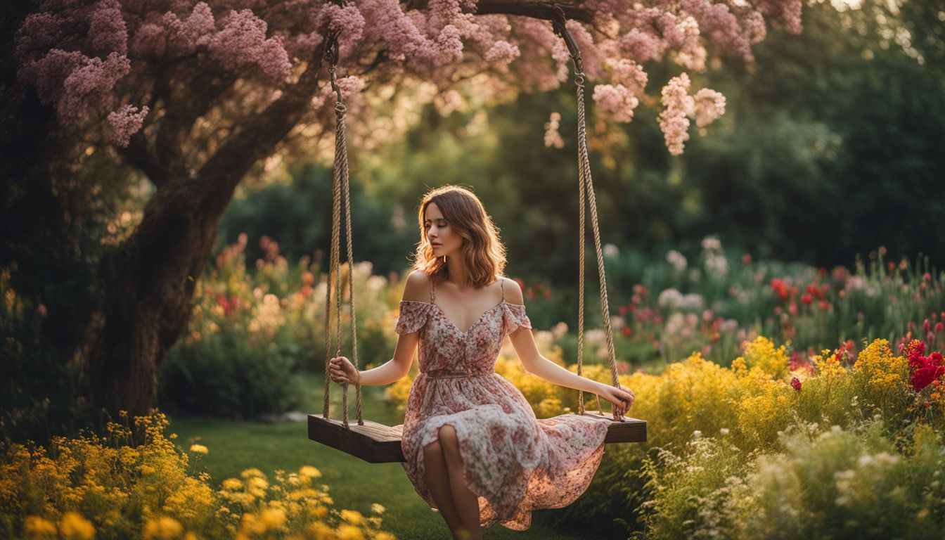 A person sitting on a swing in a garden surrounded by flowers.