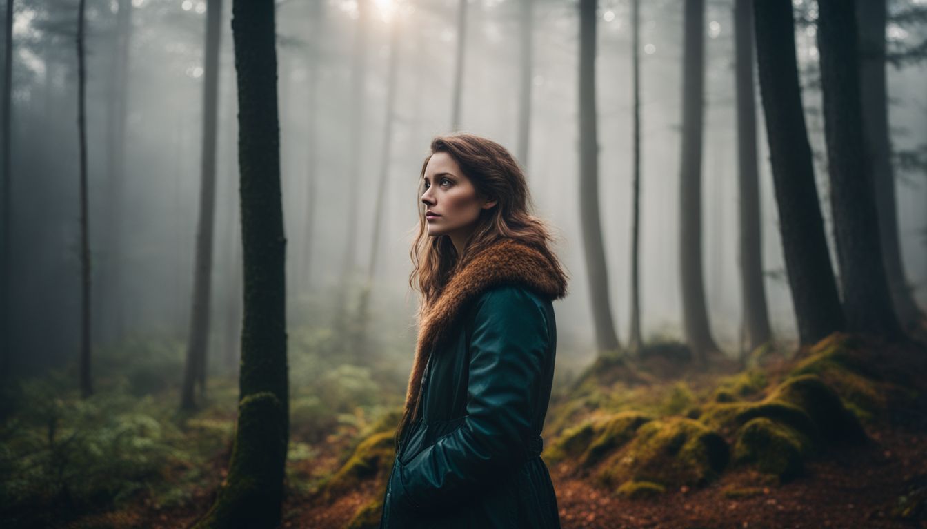 A woman standing alone in a misty forest, pondering nature.