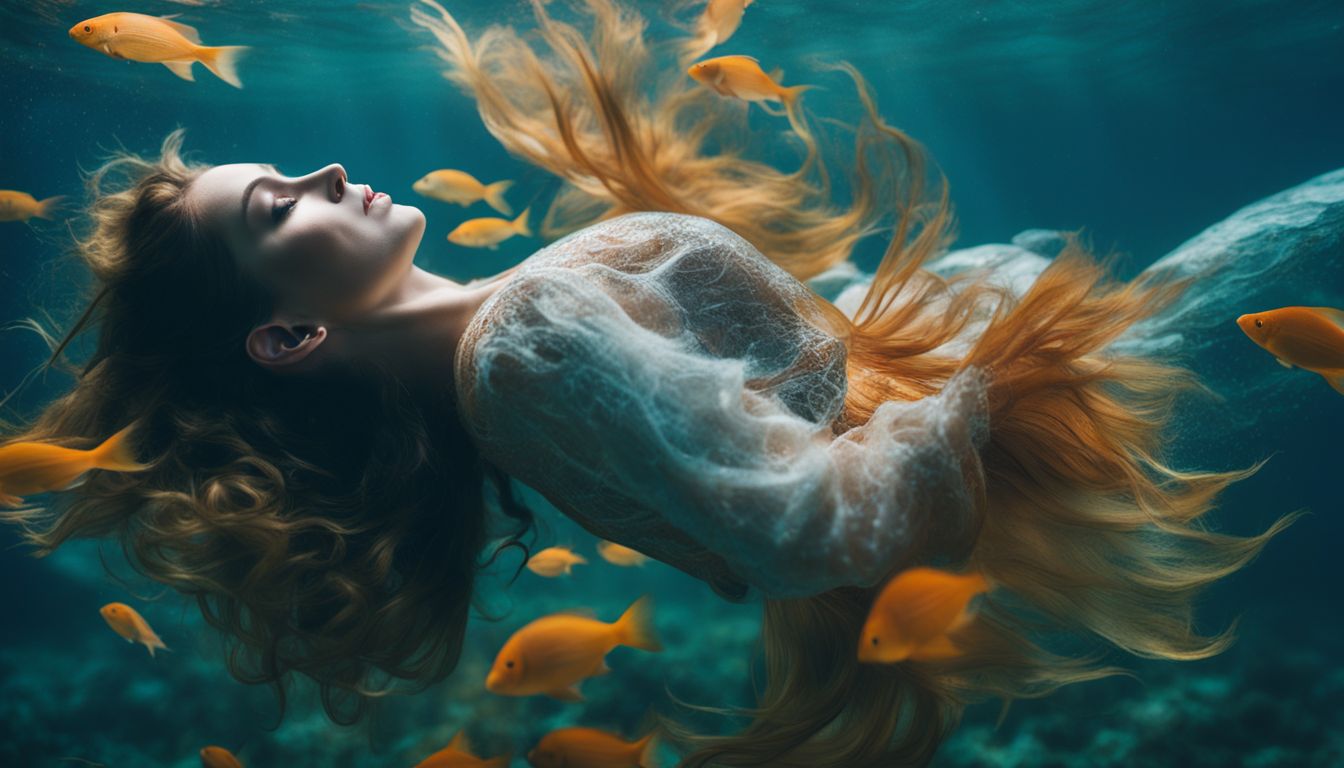 A person peacefully laying in a surreal underwater scene.