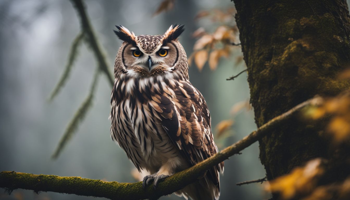 A stunning wildlife photograph featuring an owl in a misty forest.
