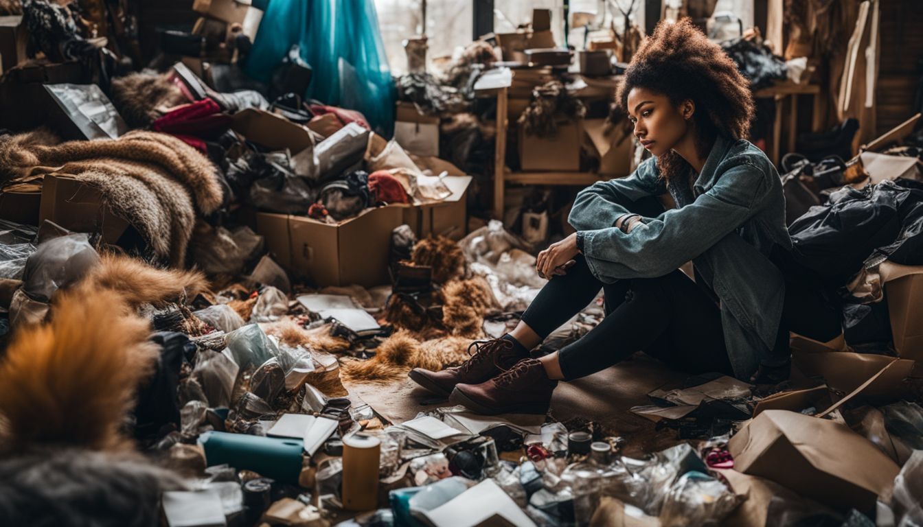 A person surrounded by clutter deep in thought among nature photography.