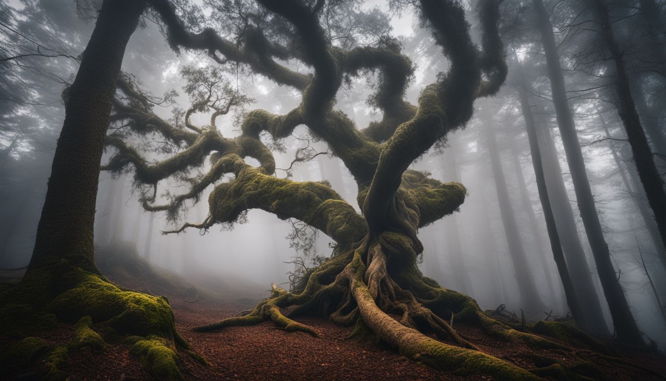 A twisted tree in a foggy forest captured with different styles.