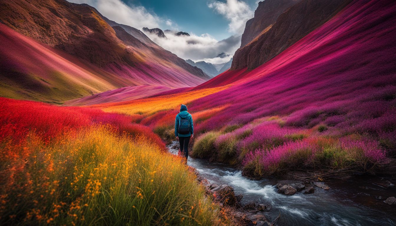 A person posing in vibrant, surreal landscapes with intense colors.