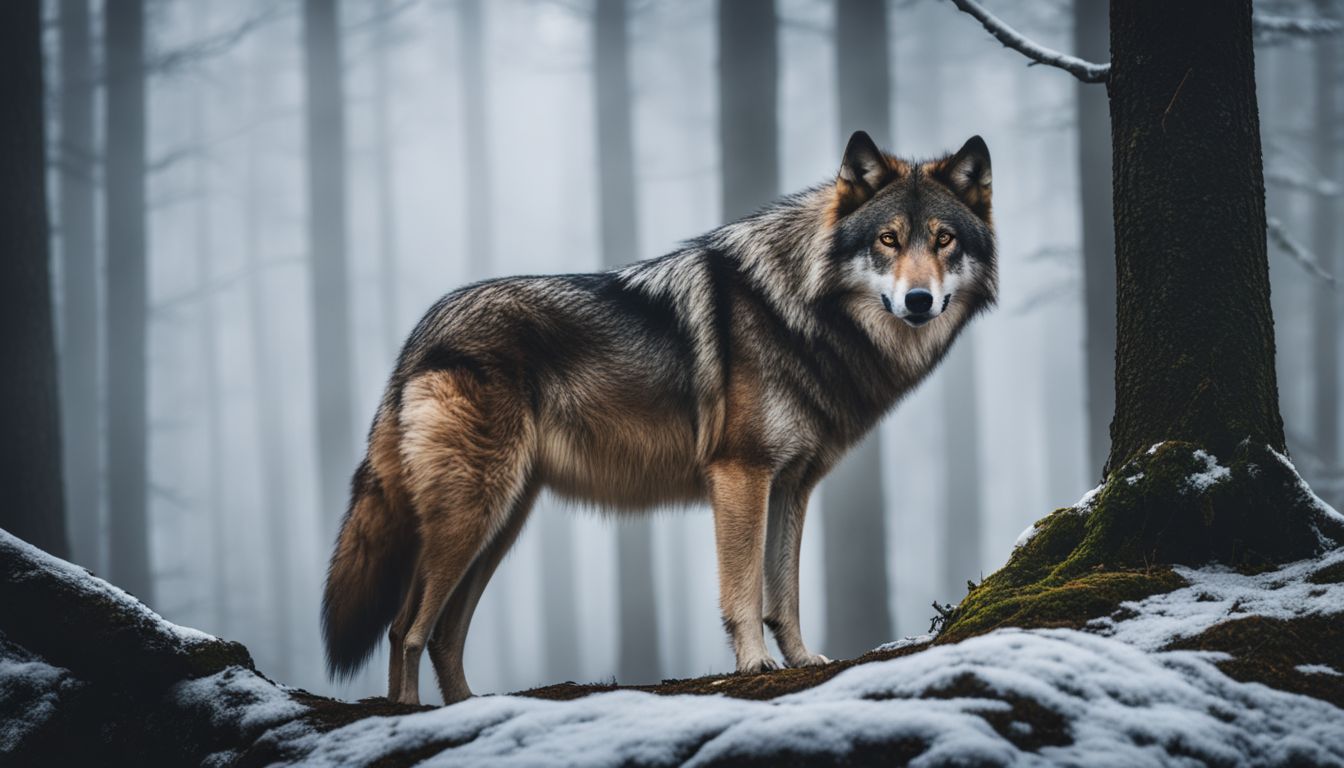 A lone wolf standing in a misty forest, captured in stunning detail.