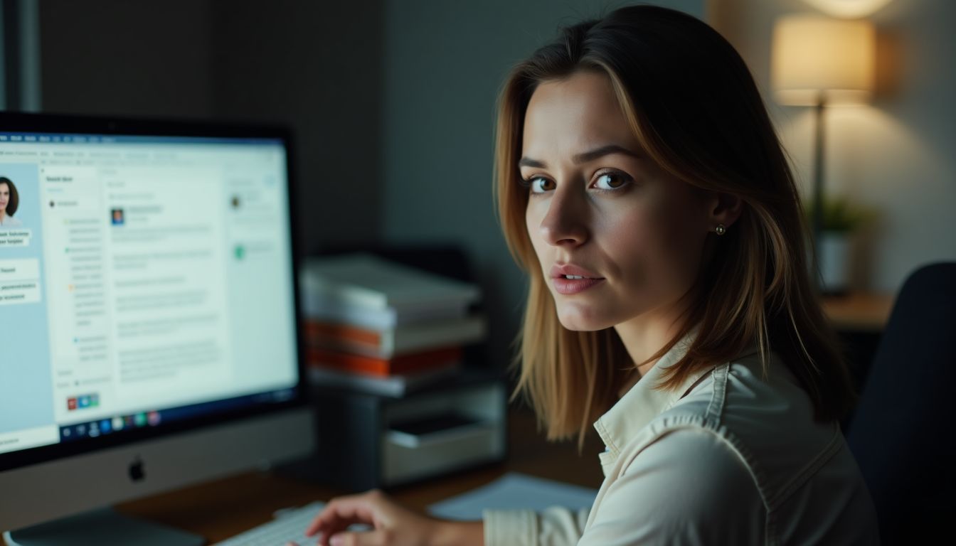 A woman in her mid-30s sits at a cluttered desk in a dimly lit office, looking at a work-related email on her computer screen.