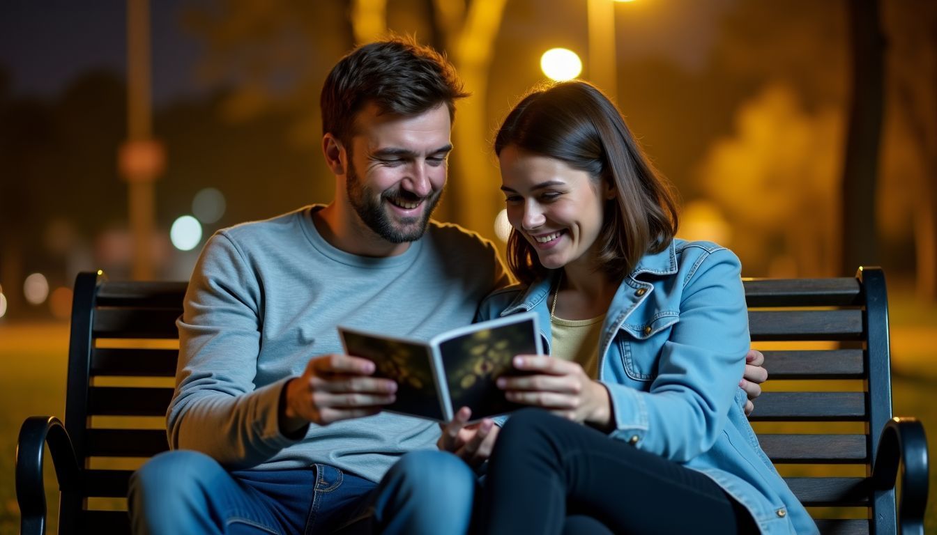 Two adults in their mid-30s sitting on a park bench, looking at old photos.