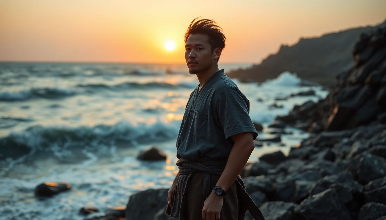 Jinbei stands confidently on rocky shore, committed to uniting humans and fish-men amidst challenges.