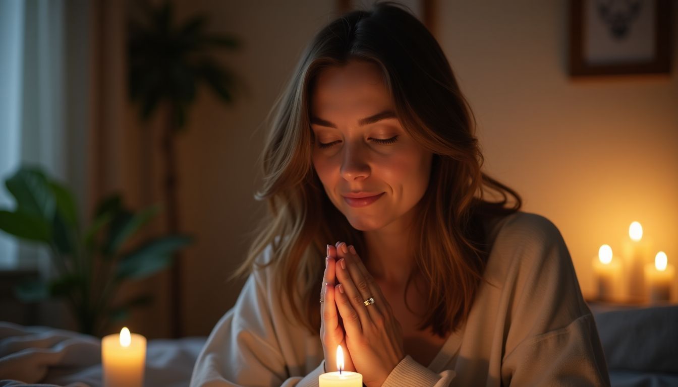 A woman in her mid-30s is shown praying at home before bedtime in a calming, spiritual setting.