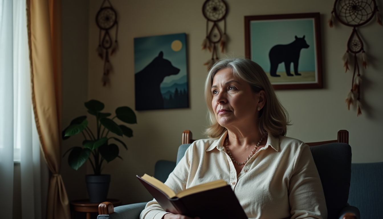 A middle-aged woman sits in a dimly lit room holding a dream journal.