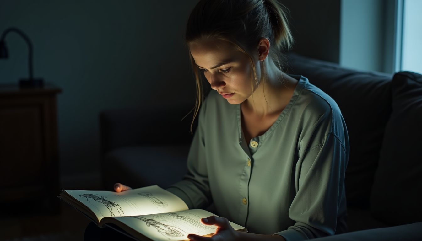 A woman in her mid-30s looks troubled while holding a torn sketchbook with unsettling drawings.