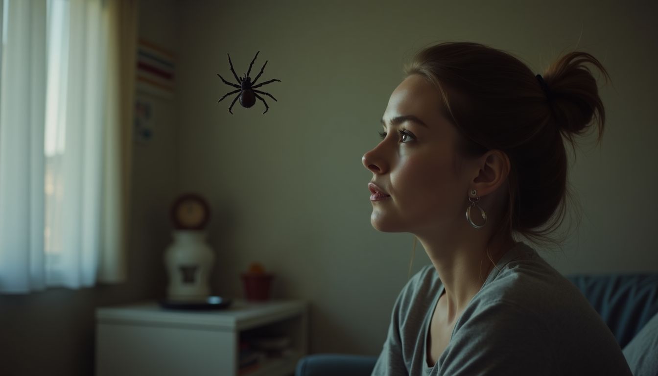 A woman in her 30s sits alone in a dimly lit room, observing a spider.