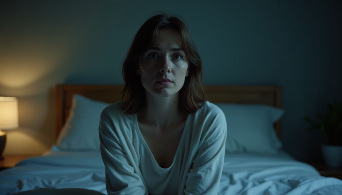 A woman in her 30s sits on her bed looking troubled, possibly experiencing a vivid dream.