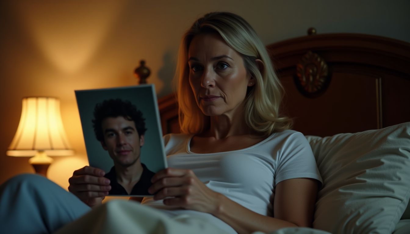 A woman sits on a bed holding a photo of her late partner, looking nostalgic.