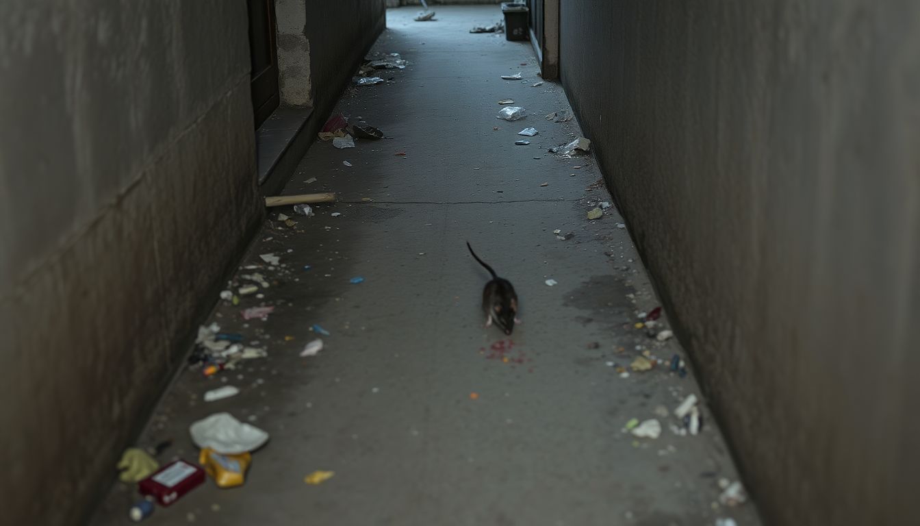 A sick rat in a dimly lit alley vomiting on the ground.