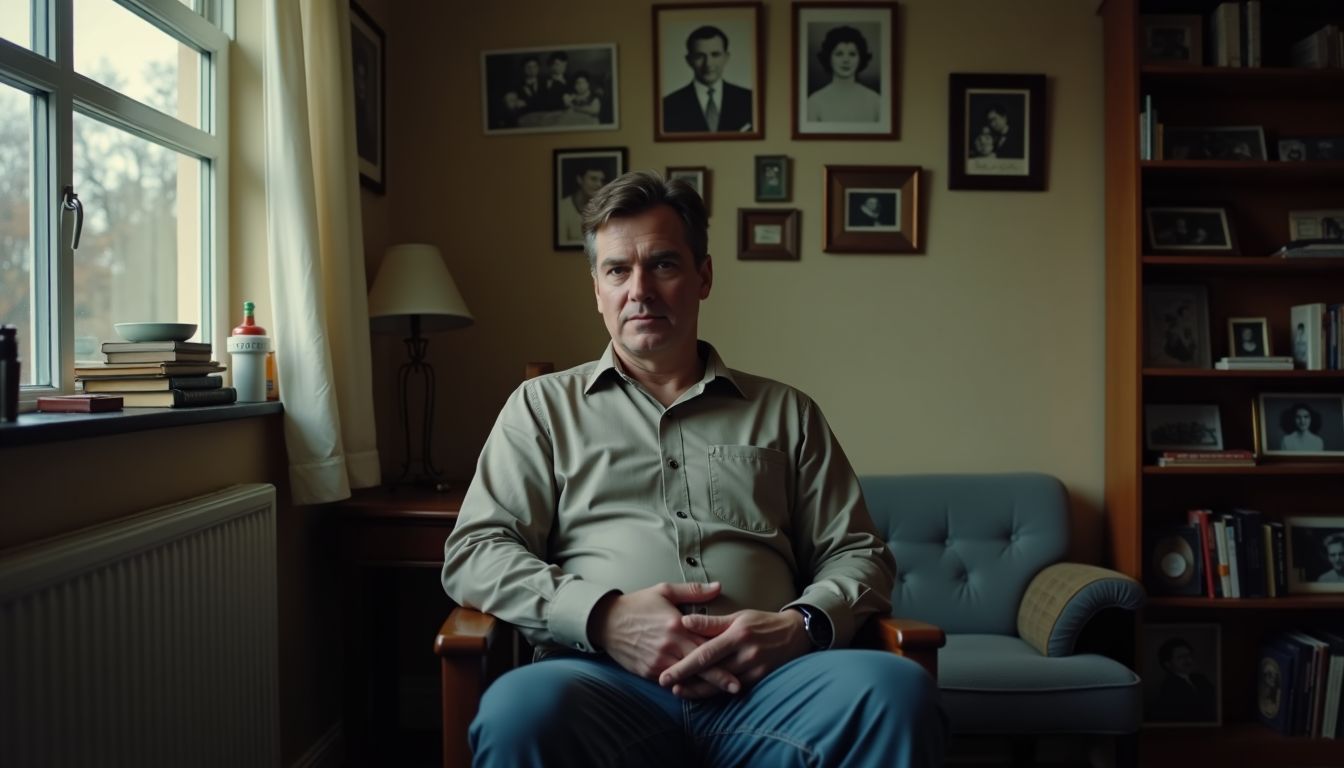 A middle-aged man sitting in a room surrounded by nostalgic memorabilia, deep in thought.