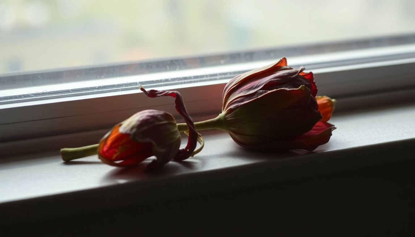 A wilted flower on a windowsill reflects feelings of loss and change related to cancer dreams.