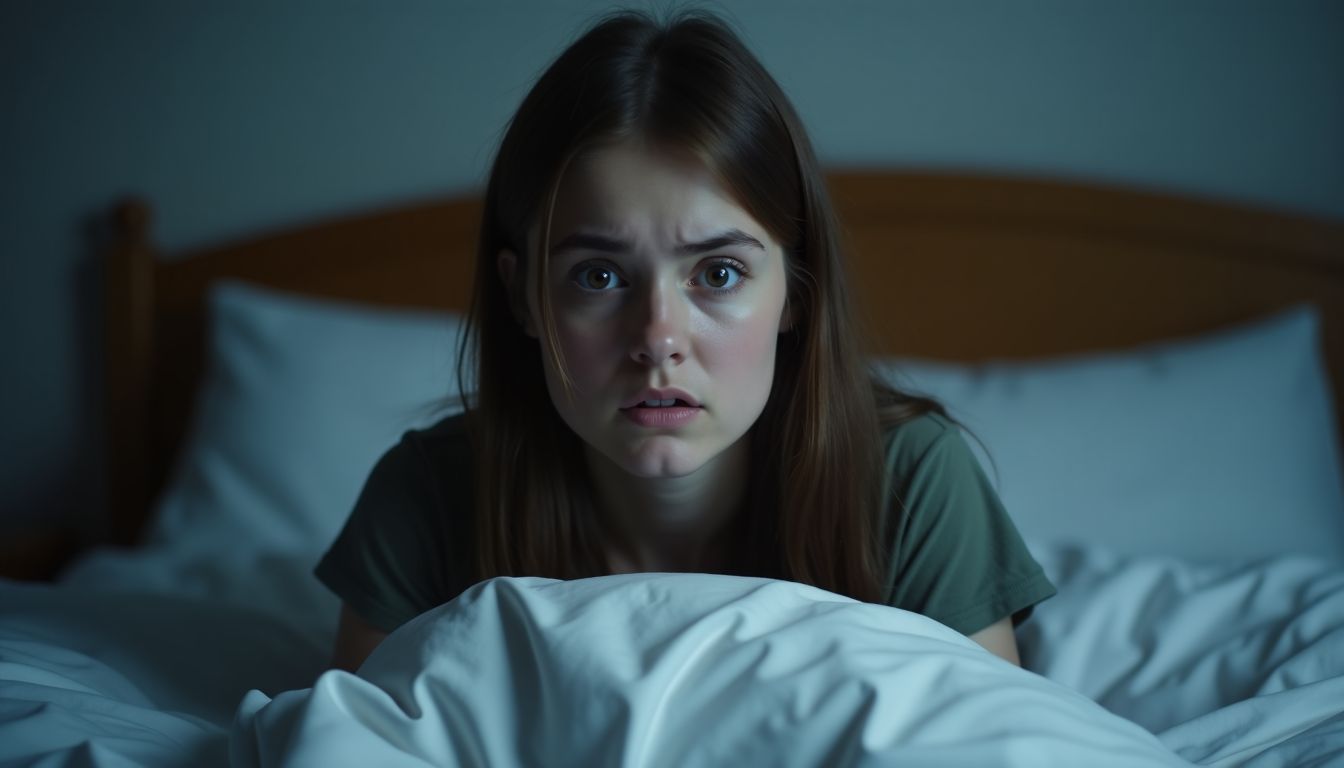 A young woman looks startled waking up from a vivid dream.