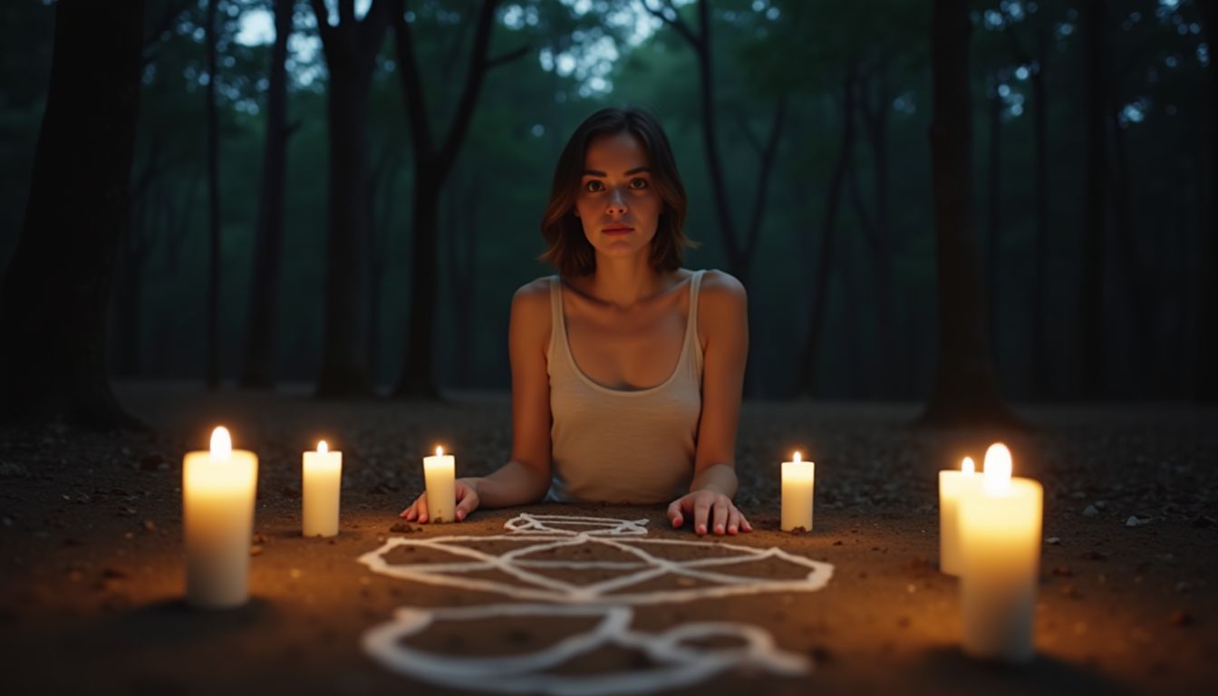 A young woman stands in a dimly lit forest surrounded by flickering candles and mysterious symbols.