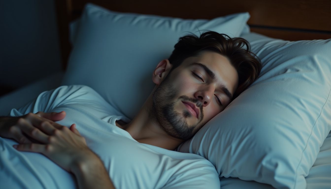 A man peacefully sleeps in bed, dreaming of hugging his girlfriend on a starlit beach.