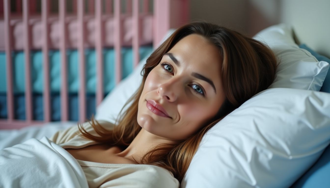 A woman lies in bed, looking at two baby cribs, possibly dreaming of expecting twins.