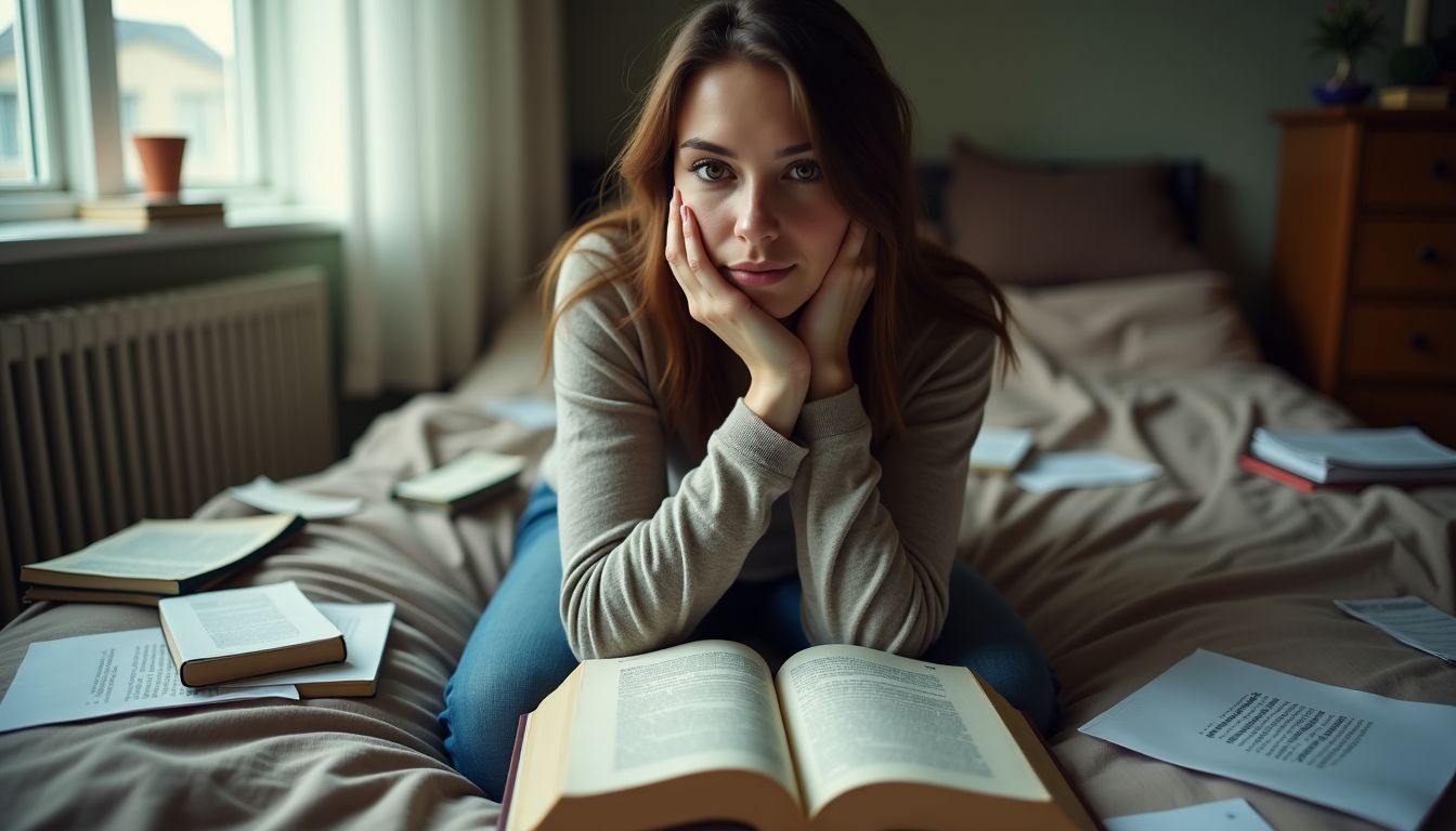 A woman in her 30s, seated on a messy bed, contemplating a dream about poop.