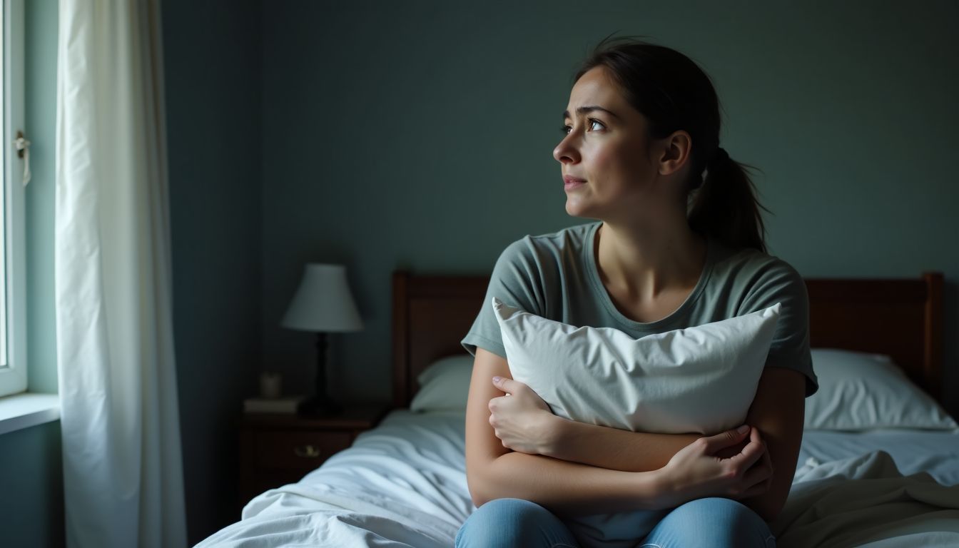 A worried woman sits on an unmade bed, holding a pillow tightly, looking out the window.