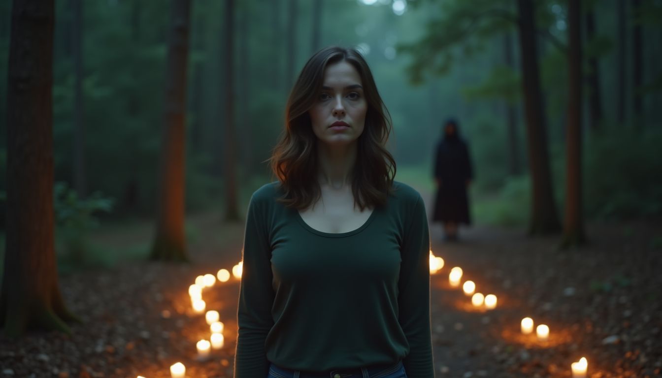 A woman standing in a dimly lit forest with mystical symbols and candles around her, creating a mysterious atmosphere.